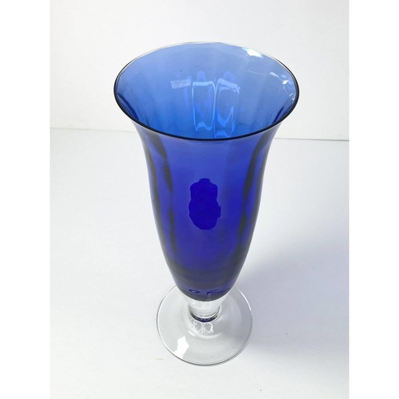Cobalt Blue Optic Footed Trumpet Glass Vase, 11” Vintage 1970’s Contemporary - Picture 3 of 7